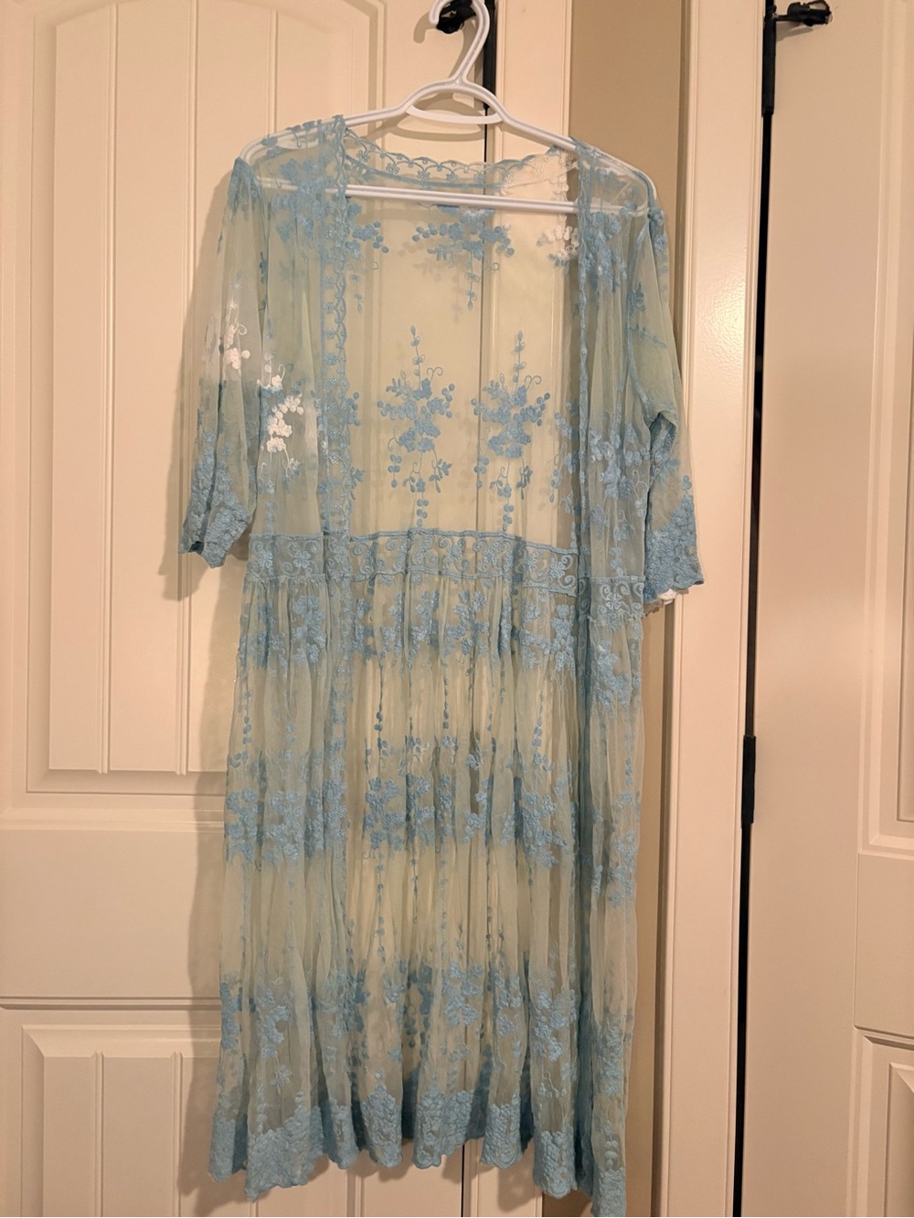 Sheer Lace Duster Cardigan in Pale Blue/Green with white accents